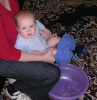 Having a wee break at home into a wide bowl. Wearing padded undies.